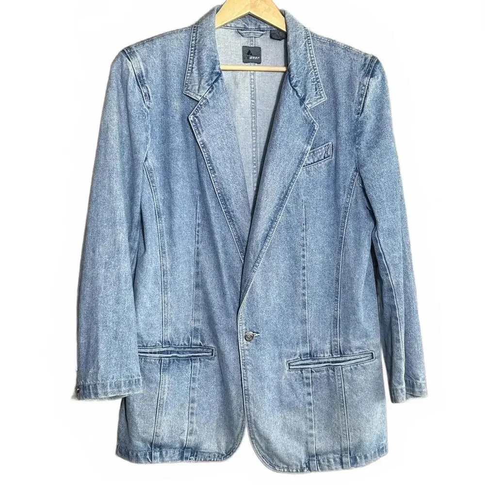 LizWear Vintage Denim Blazer Size 14 1980s Casual Chic - Picture 1 of 6